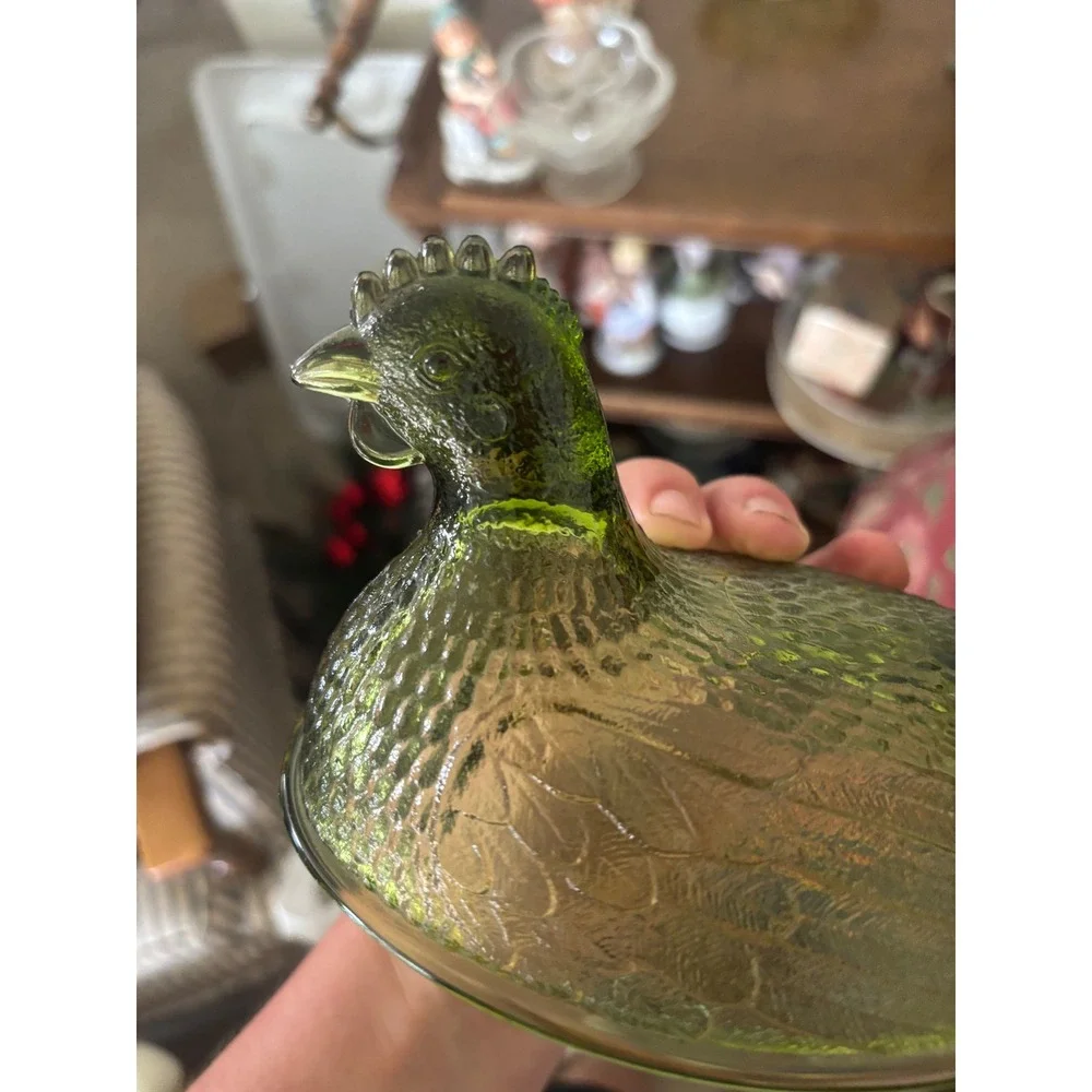 Vintage Olive Green Glass Hen on Nest Covered Dish Beaded Rim Cottage Core Hen